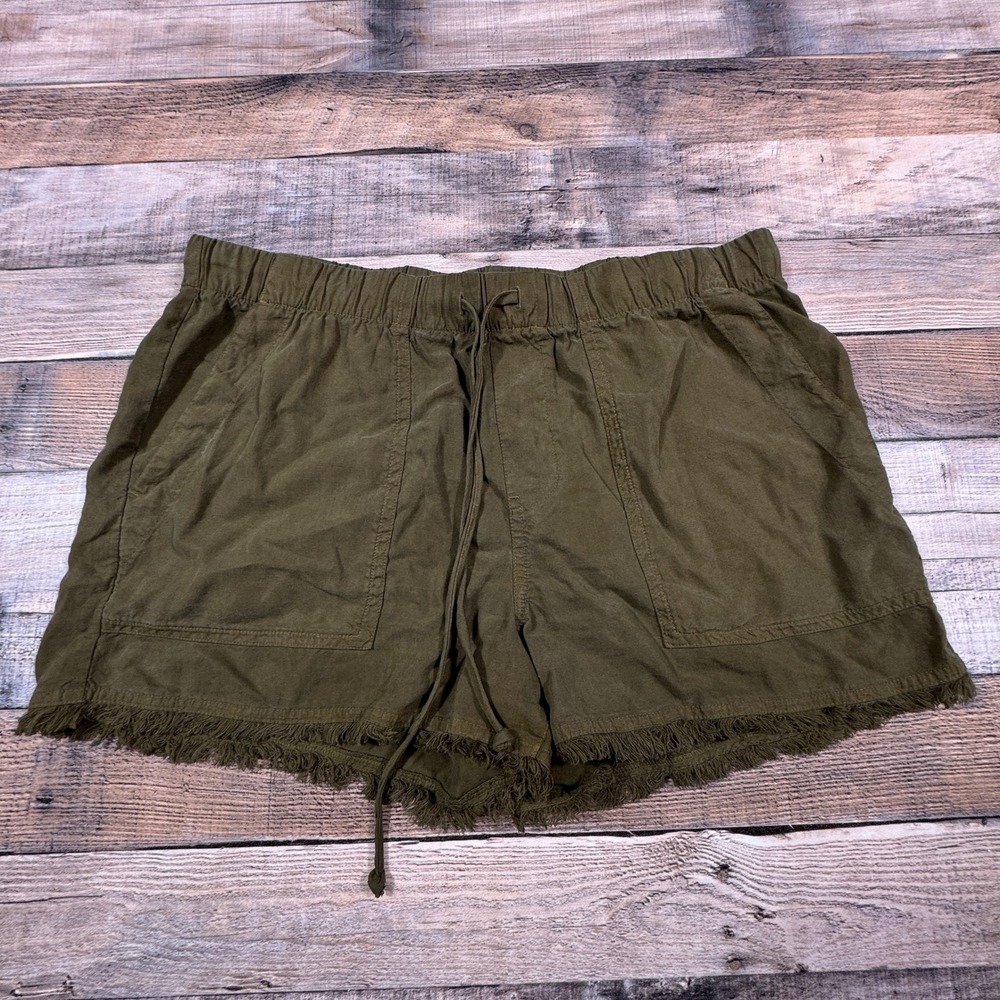 Bella Dahl Women Shorts Olive Green Small Frayed Hem Drawstring Tencel